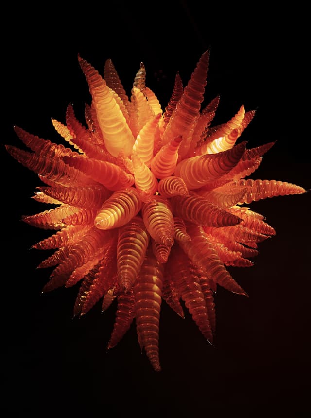 glass sculpture, spiral petals, inner glow, ridged texture, black backdrop