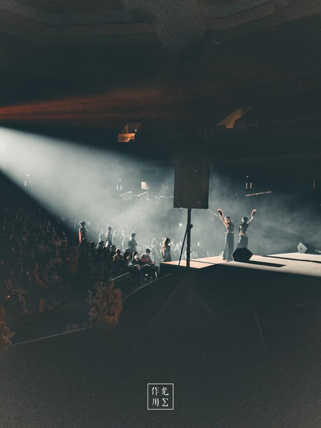 Floodlights carve through thick haze, illuminating a lone vocalist atop a raised platform. Silhouetted fans raise trembling hands toward the bright beam, their faces lost in shadow but alive with anticipation. Dust motes swirl in the golden spotlight, lending the scene a dreamy, almost sacred glow. In the dim periphery, the cavernous venue holds its breath, every echo of applause reverberating with palpable electricity