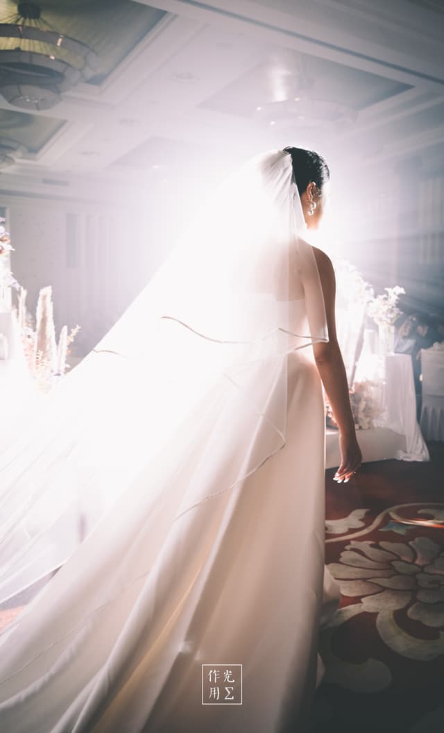 Ethereal light floods the grand ballroom, casting her flowing veil into a halo of radiant white. The ivory gown drapes in sculptural folds across the patterned carpet while crystal chandeliers glimmer overhead. An expectant hush hums through the air as daydream and reality blur under the luminous glow