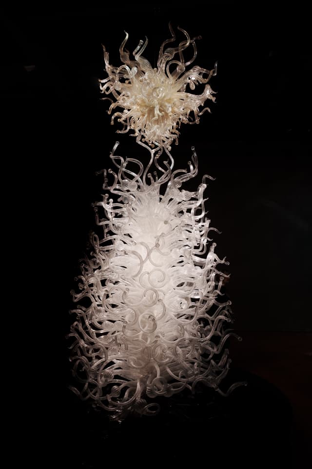 glass tower, glass crown, curled tendrils, internal lighting, black background