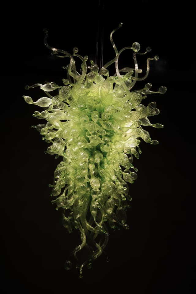 blown-glass sculpture, curving glass tendrils, glass droplets, central glass core, dark background