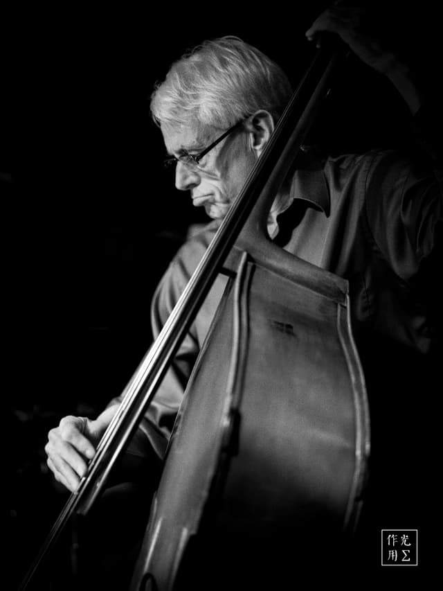 Silvered fingers dance across the double bass’s ebony curves, coaxing deep, resonant tones from its hollow body. A sliver of spotlight carves dramatic highlights along the musician’s weathered cheek and wispy white hair, plunging the rest into velvety shadow. His closed eyes and furrowed brow convey quiet immersion, as every sinew leans into the instrument’s rich voice. The interplay of light and darkness sharpens each grain of wood and every line on his face, forging an intimate, timeless portrait of creative fervor