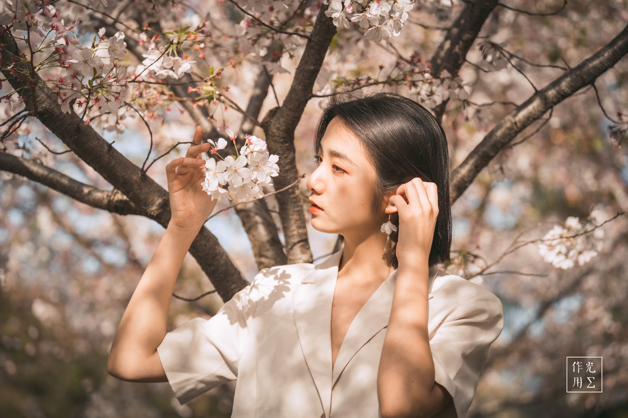 Bathed in warm, dappled light, her fingertips brush a pale-pink blossom as soft petals drift around her like confetti. Dark hair tumbles over a linen blouse, its creamy folds echoing the blossoms’ gentle hue. A dreamy, almost reverent gaze follows each petal’s descent, while blurred branches cradle her in an ethereal embrace. The scene hums with spring’s quiet promise—intimate, serene, and drenched in rosy glow