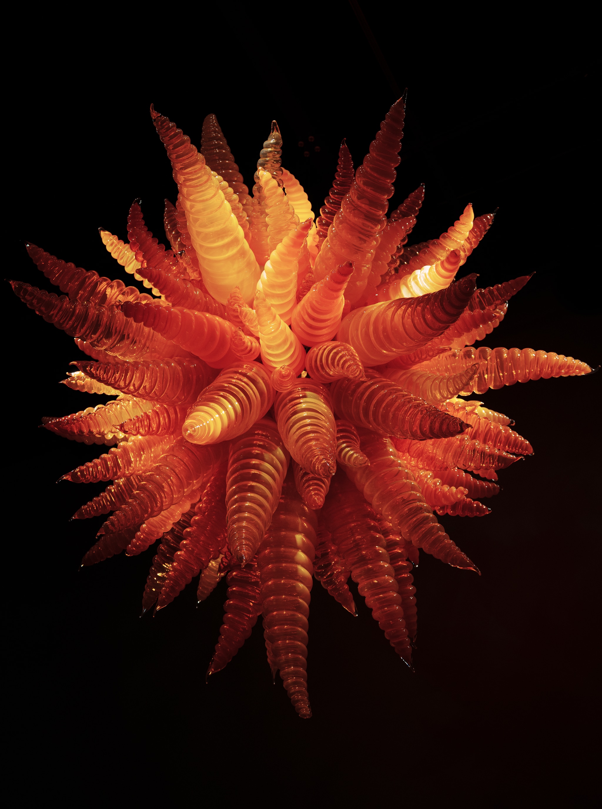 glass sculpture, spiral petals, inner glow, ridged texture, black backdrop