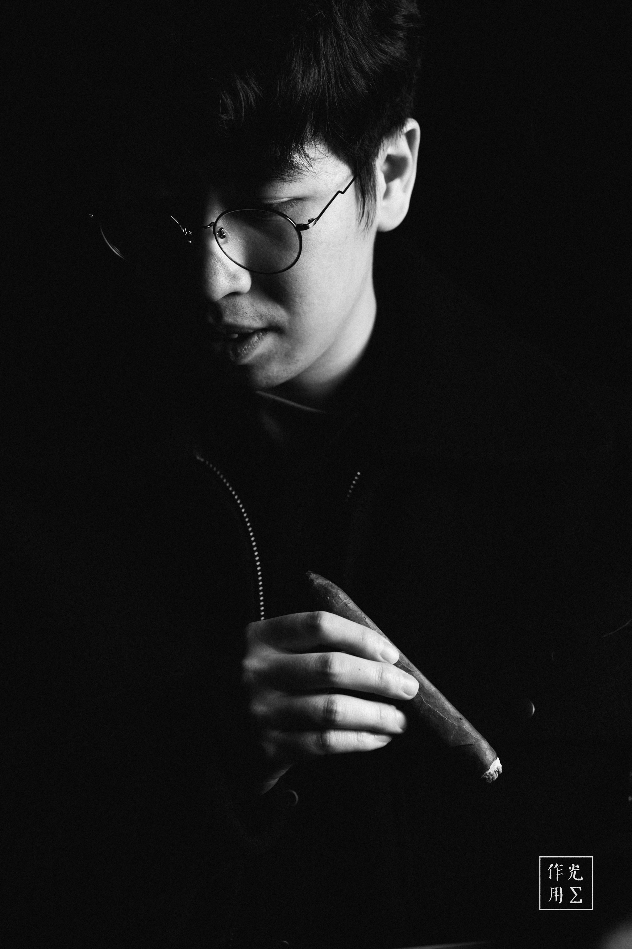 Clenched fingers cradle a smoldering cigar while half of the face melts into midnight shadows, the other half sculpted by a single sliver of light. Thin wire-rim glasses catch a faint glimmer, and wisps of smoke curl upward, dissolving into the black void. The sharp contrast of deep blacks and pale highlights, coupled with the tiny seal in the corner, gives the frame an austere, almost cinematic stillness—an intimate portrait of quiet intensity
