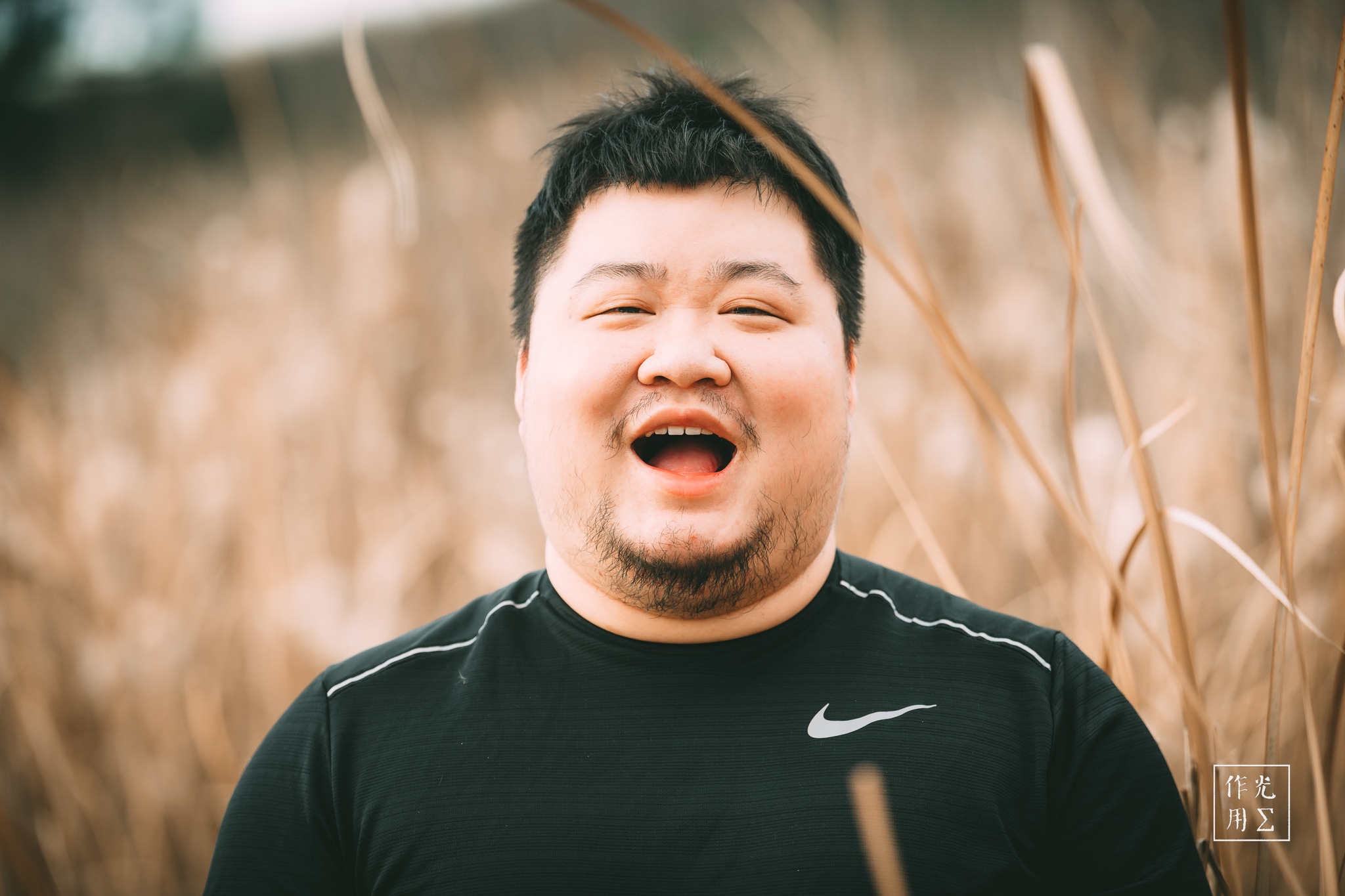 Beaming with unrestrained laughter, the man’s face lights up against a backdrop of golden, swaying reeds. Warm afternoon light softens the scene, brushing his features in a gentle glow that contrasts with the deep black of his Nike shirt. Every strand of grass around him seems to lean in, echoing the infectious joy that radiates from his wide-open mouth and sparkling eyes. The shallow depth of field blurs the horizon into a creamy wash of browns and tans, placing his exuberant presence sharply in focus and turning a simple moment into an unforgettable burst of warmth