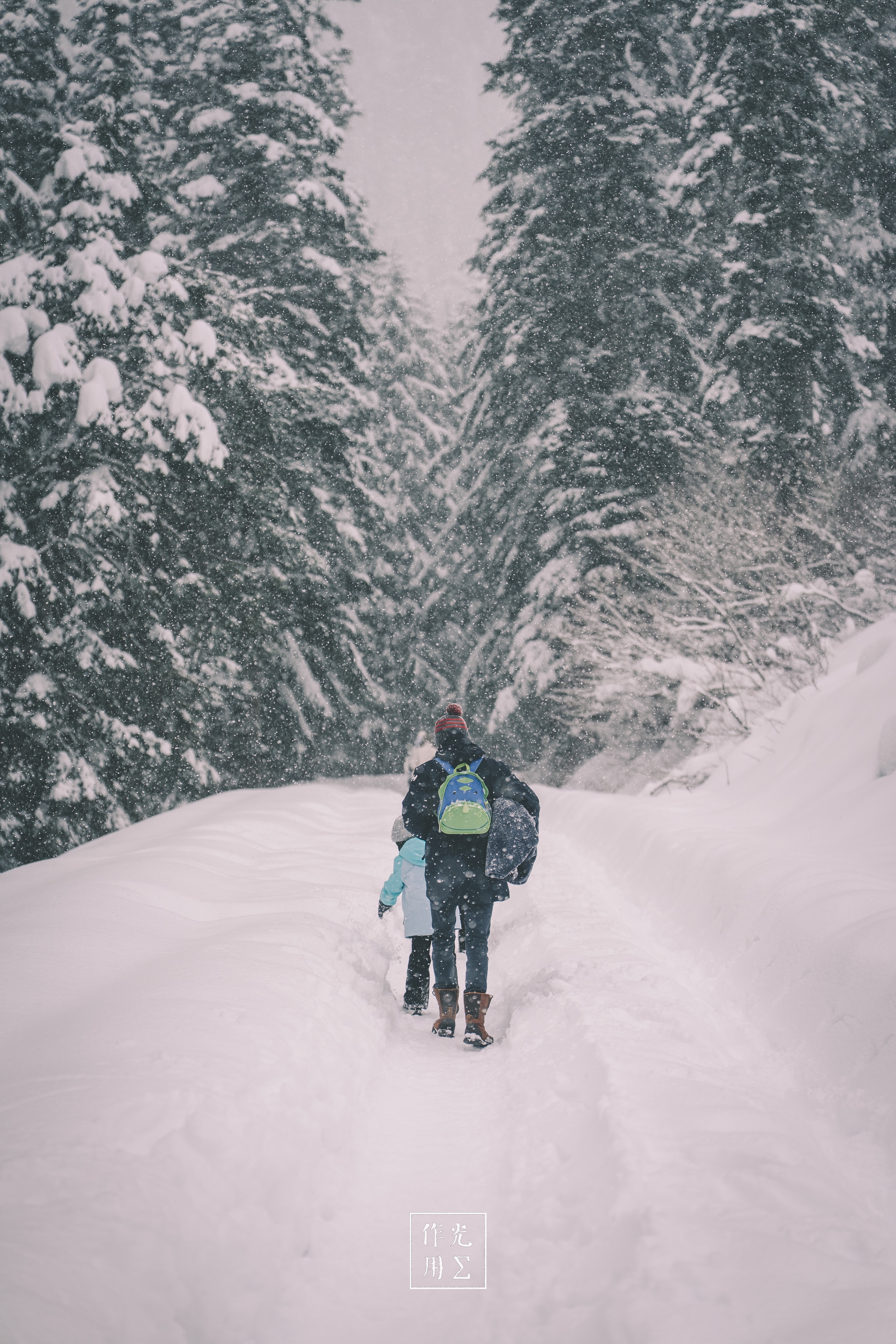 Crunching under fresh powder, two figures press onward along a narrow trail flanked by towering evergreens heavily laden with snow. Their backpacks cut bright swaths of color against the muted winter white, while a fine spray of snow drifts down through the silent, misty air. The dense forest walls close in overhead, beads of frost glinting on needles, creating an almost cathedral-like hush. Each step disappears behind them in a seamless blanket, underscoring the stillness and solitude of their journey