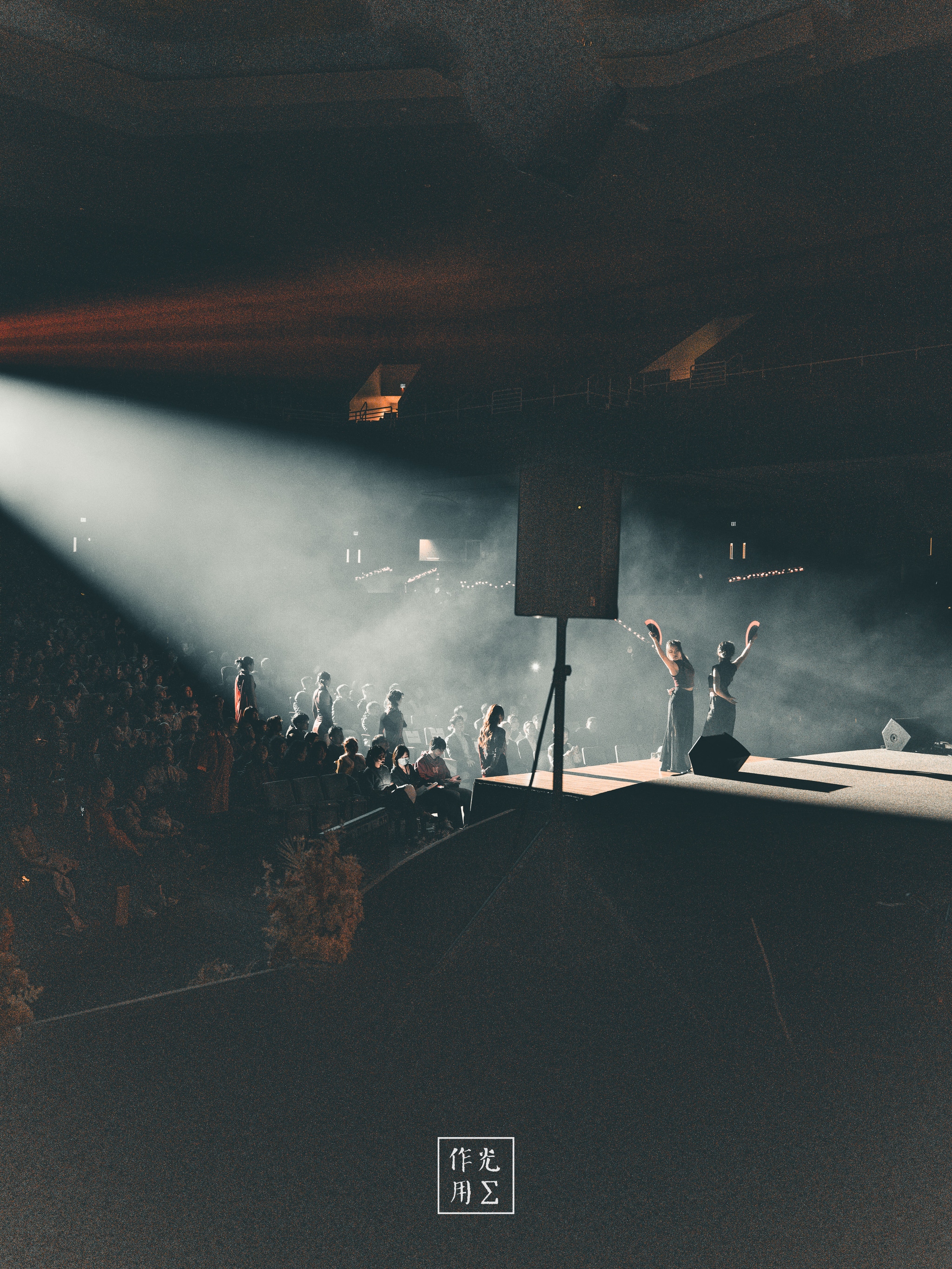Floodlights carve through thick haze, illuminating a lone vocalist atop a raised platform. Silhouetted fans raise trembling hands toward the bright beam, their faces lost in shadow but alive with anticipation. Dust motes swirl in the golden spotlight, lending the scene a dreamy, almost sacred glow. In the dim periphery, the cavernous venue holds its breath, every echo of applause reverberating with palpable electricity
