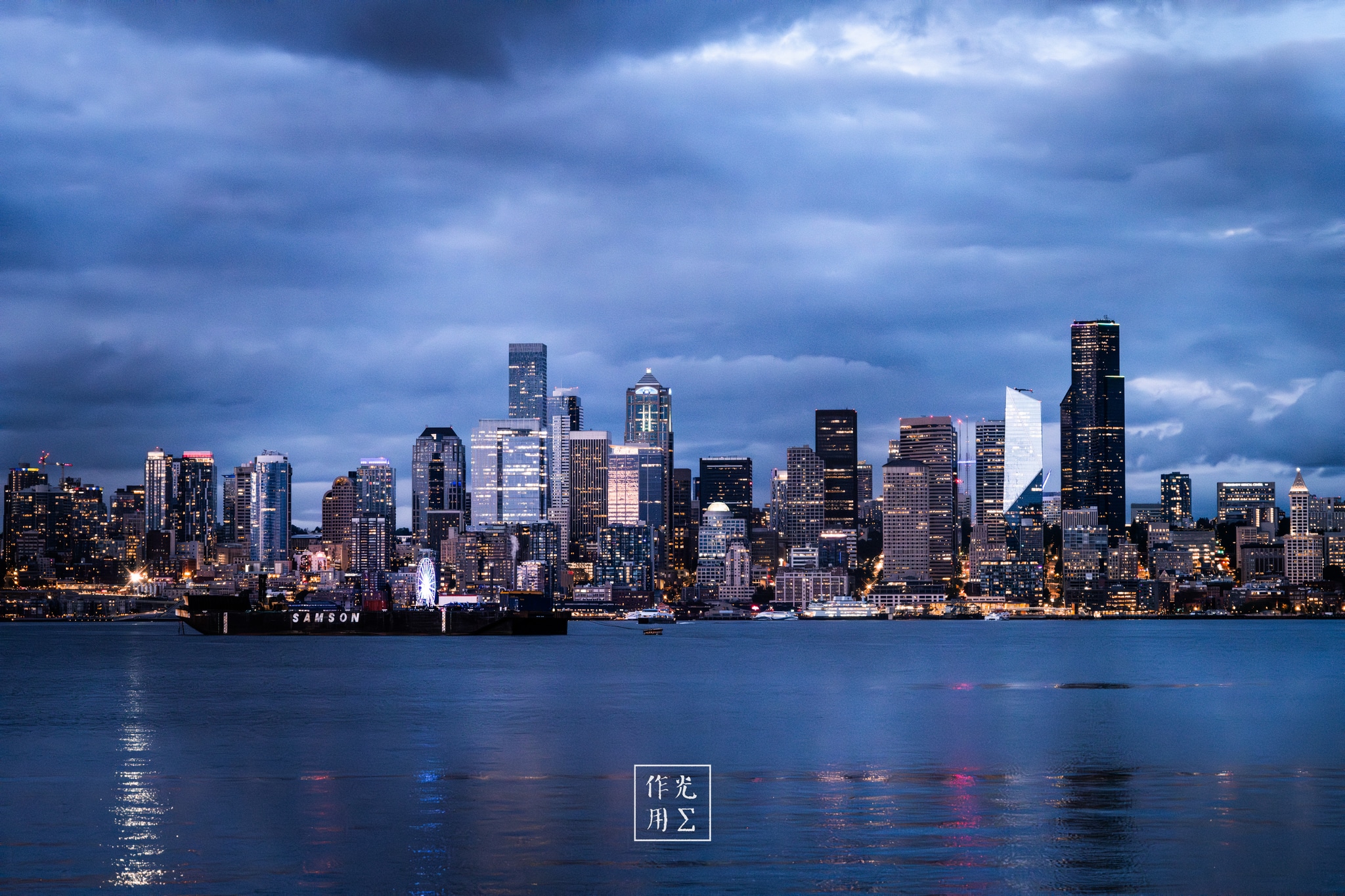 skyscrapers, water, clouds, reflections, city lights