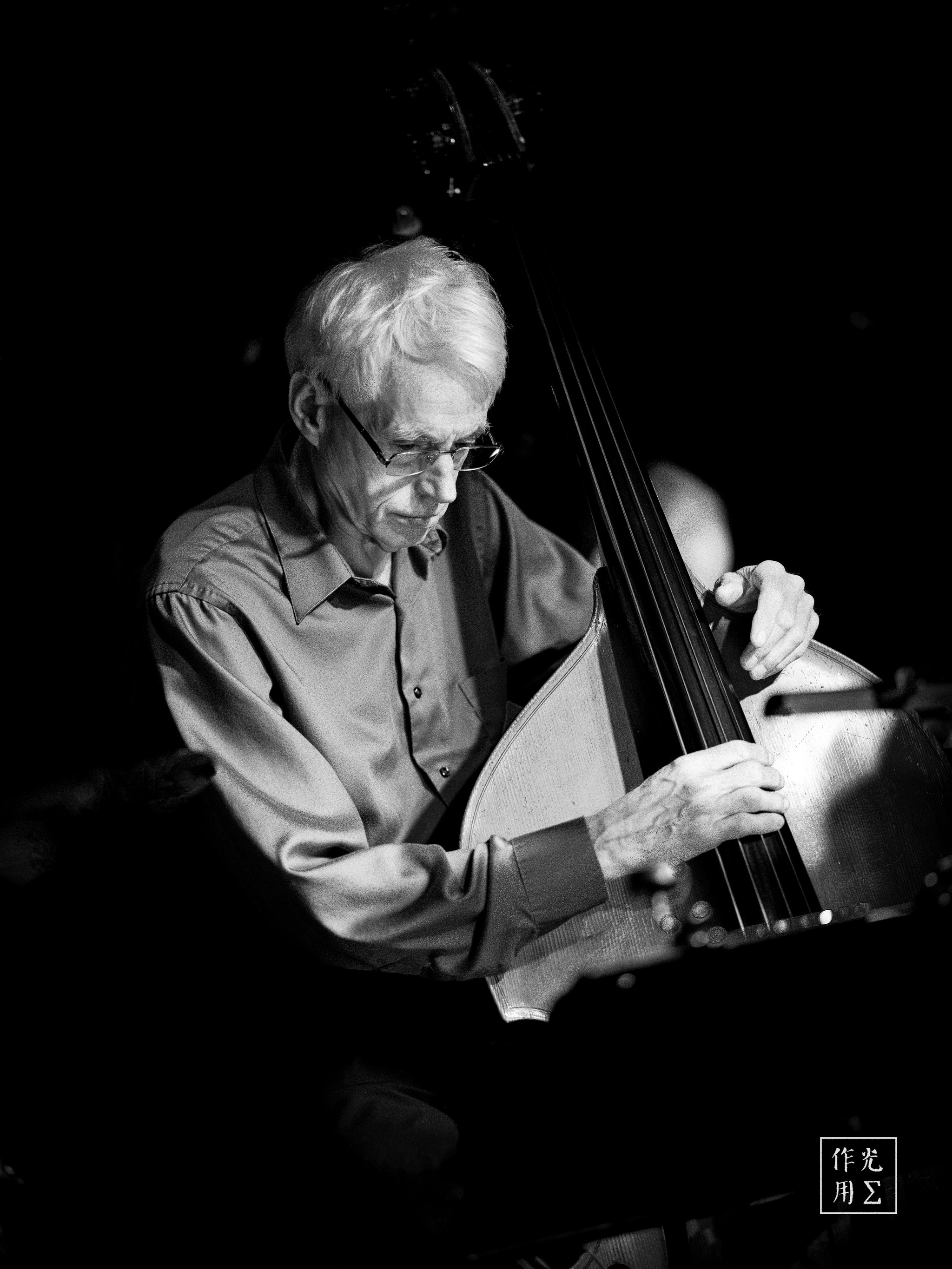 Silvered fingers glide along the polished neck of a double bass, each movement illuminated by a single spotlight that carves stark highlights through the surrounding darkness. Deep shadows pool around the musician’s frame, isolating his concentrated expression and the graceful curve of the instrument. Wisps of white hair catch the light like soft smoke, while the crisp collar and rolled sleeves hint at quiet dedication. The high-contrast monochrome palette sharpens every crease, every string, turning a single moment of musical devotion into a timeless study of light, texture, and soul