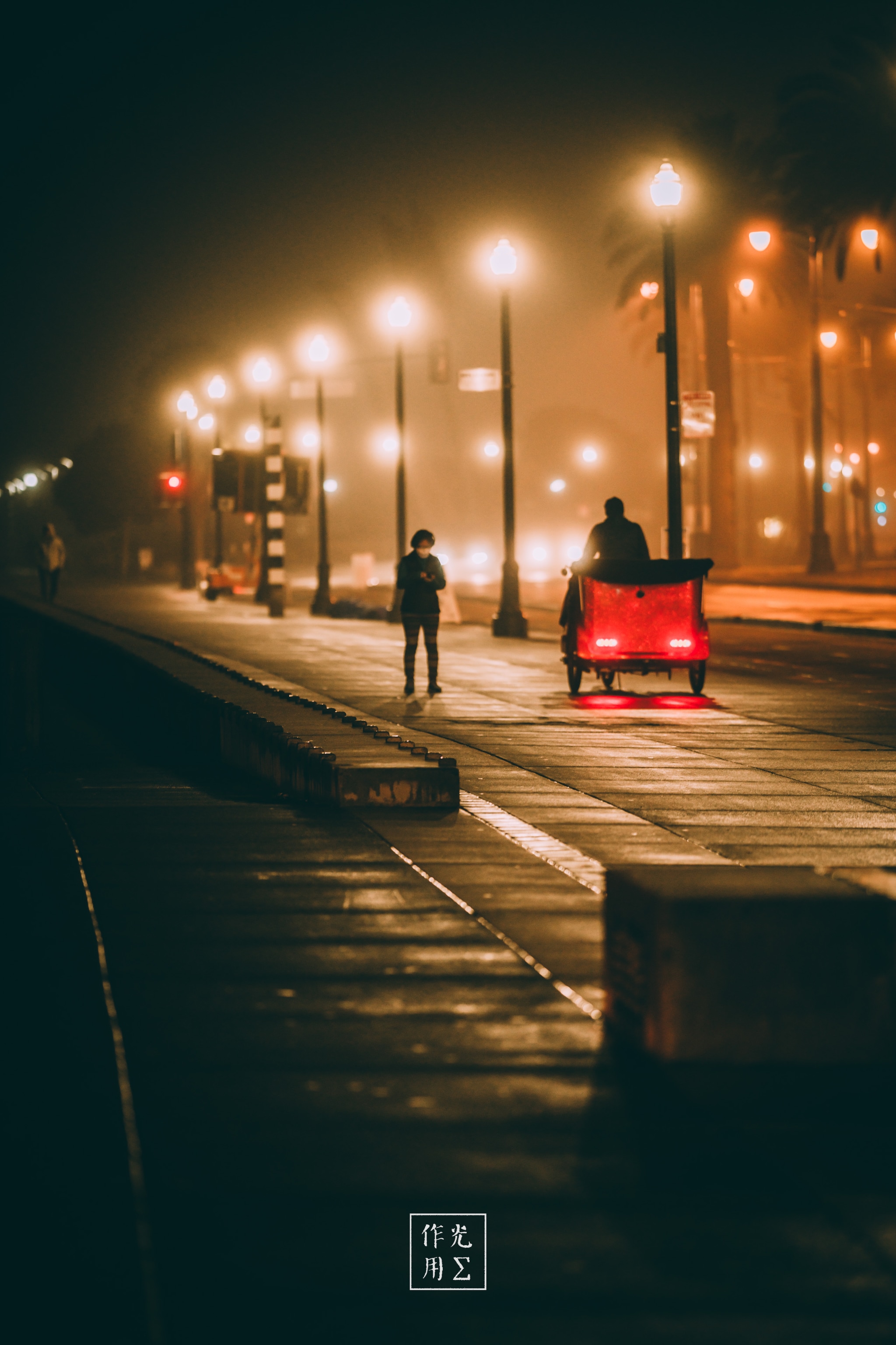 pedicab, illuminated street lamps, pedestrian silhouette, wet pavement reflections, tram tracks